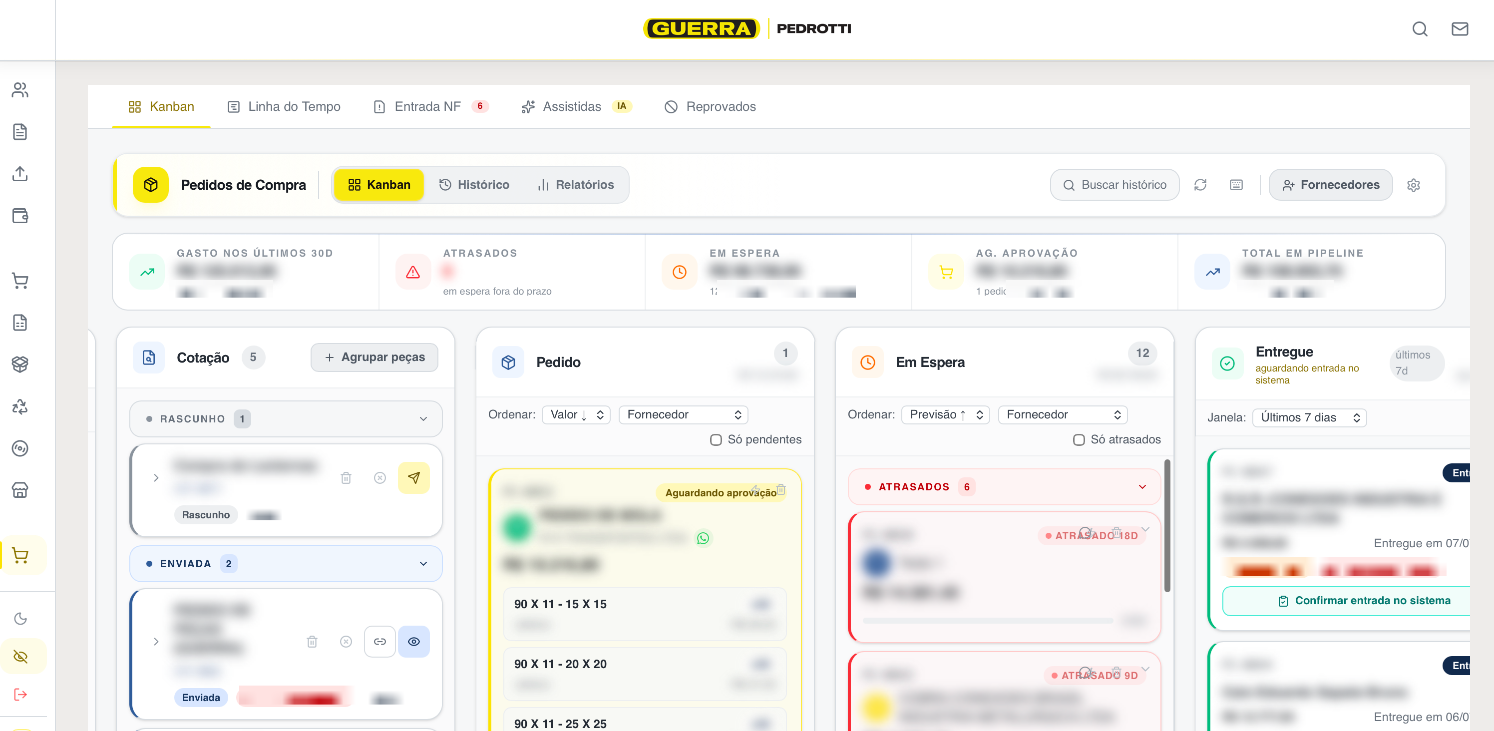 Kanban de pedidos de compra de peças com cotação, pedido, espera e entrega